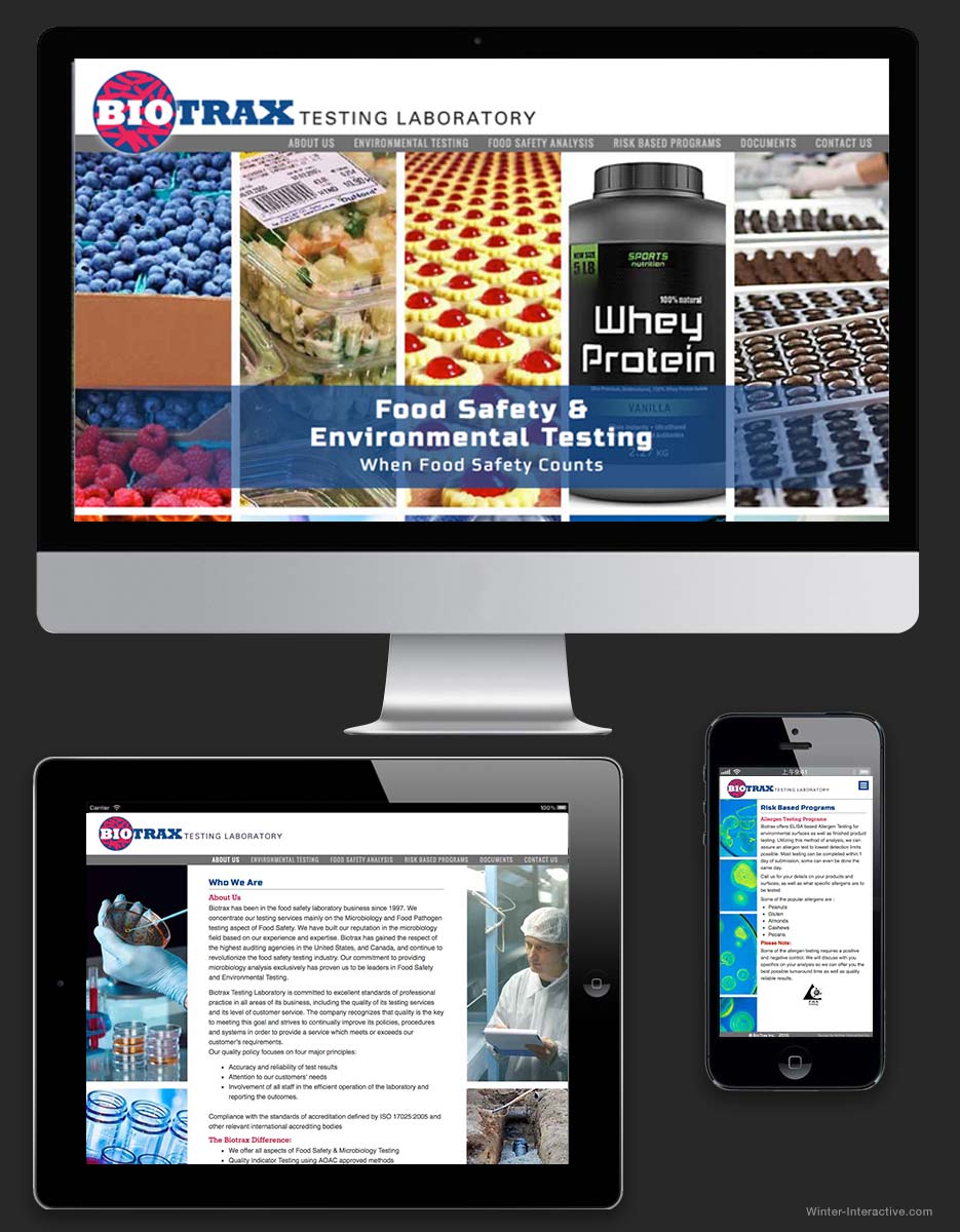 Biotrax Testing Laboratories, branding, website design and development Winter Interactive Inc